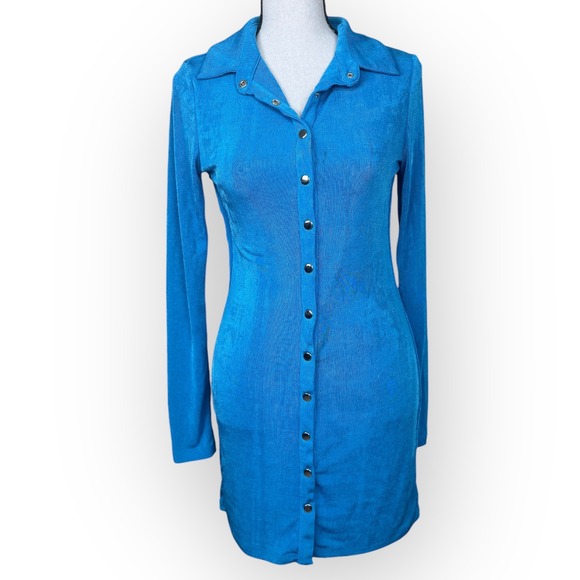Princess Polly Blue Textured Long Sleeve Button Down Mini Dress‎ Bodycon Size 6 - Picture 2 of 10